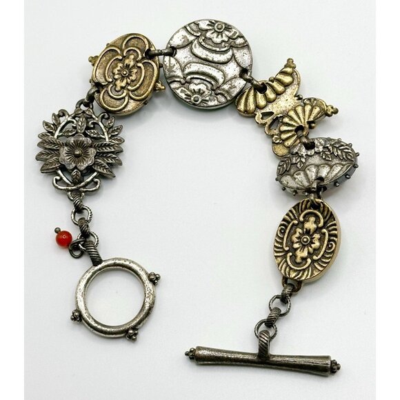 Ornate Lucky Brand Butterfly Flower Cabochon Bracelet Gold/Silver Tone - Picture 7 of 7